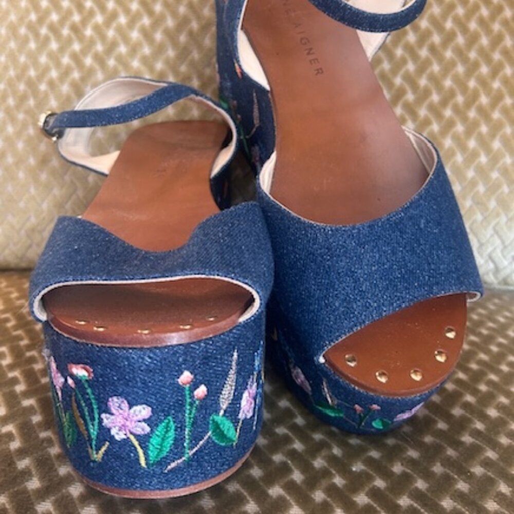 Etienne Aigner Sophia Embroidered Denim Platform Wedge Adjustable Sandals NEW